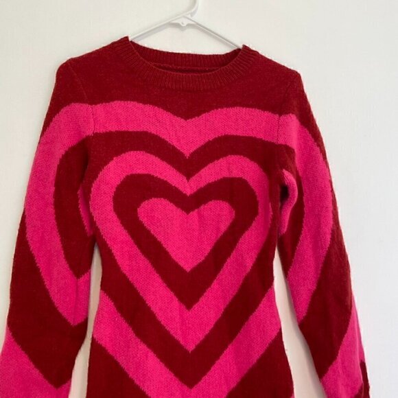 SHEIN Allurite Heart Pattern Round Neck Sweater Dress Pink Red Fitted Bodycon - Picture 6 of 14